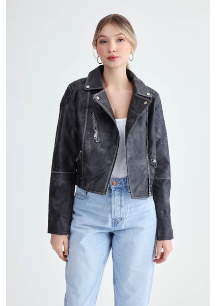 Fermuarlı Suni Deri Crop Biker Ceket