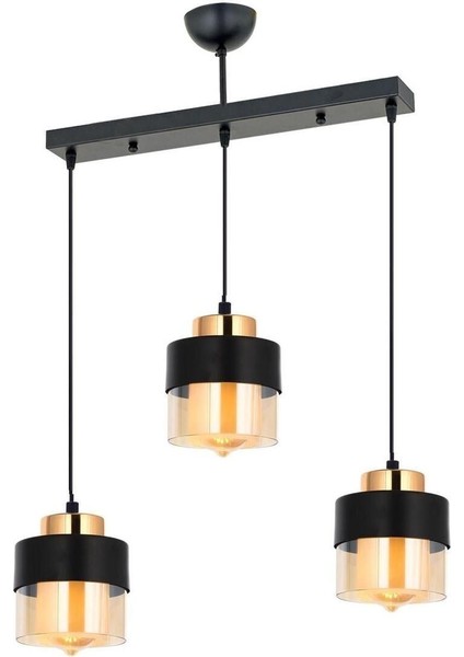 Boris 3lü Sıralı Siyah Gold Sarkıt Modern Genç Odası Mutfak Retro Salon Avize