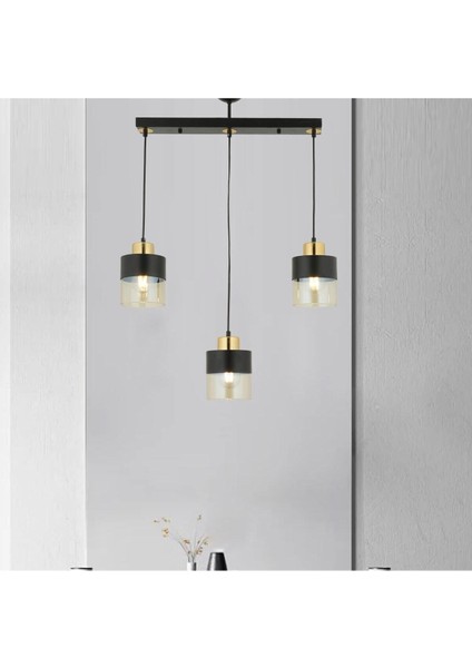 Boris 3lü Sıralı Siyah Gold Sarkıt Modern Genç Odası Mutfak Retro Salon Avize
