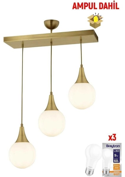 Damla 3 Lü Sıralı Eskitme -Led Ampul Dahil Modern Koridor Mutfak Salon Sarkıt Avize