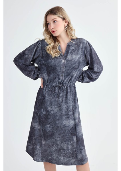 Hakim Yaka Beli Bağlamalı Desenli Elbise fiyatları