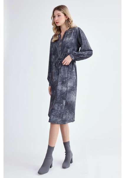 Hakim Yaka Beli Bağlamalı Desenli Elbise modelleri