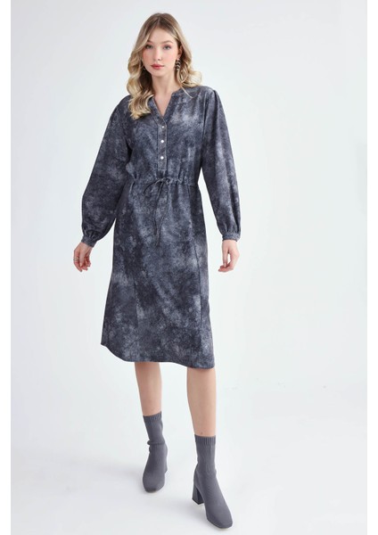 Hakim Yaka Beli Bağlamalı Desenli Elbise fırsatları