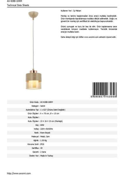 Avonnı AV-60193-1KRM Krem Boyalı Modern Avize E27 Metal Cam 15 cm fırsatları