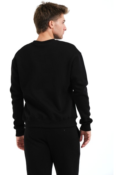 Bisiklet Yaka Nakışlı Şardonlu Içi Polarlı Siyah Erkek Sweatshirt - Volar fiyatları
