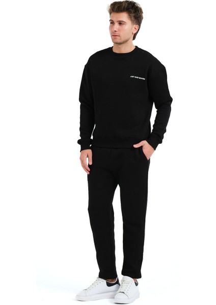 Bisiklet Yaka Nakışlı Şardonlu Içi Polarlı Siyah Erkek Sweatshirt - Volar fırsatları