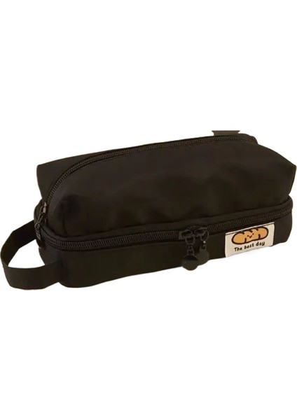 Çift Katmanlı Flip-Top Kalem Çantası Öğrenci Büyük Kapasiteli Japon Tarzı Ins Tarzı Basit Siyah Kalem Çantası (Yurt Dışından)