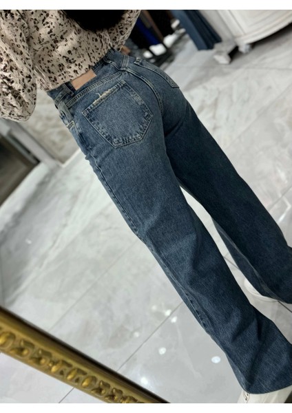 Chaya Premium Kalite Yüksek Bel Tam Boy Geniş Paça Jean-Tint Mavi fiyatları
