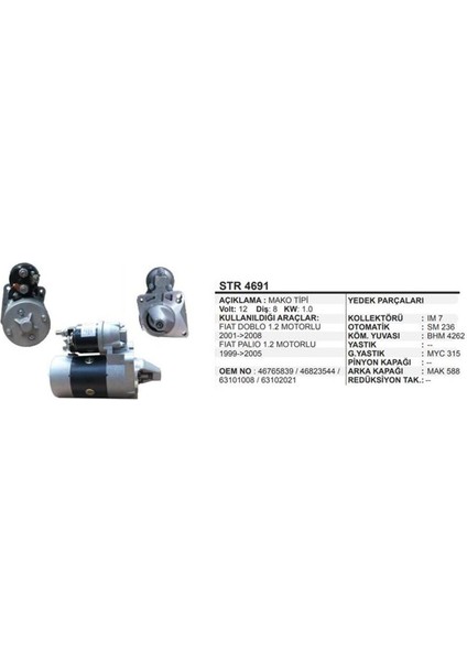 Marş Motoru 12V 0,8kw Fıat Palıo 1,2 1999-2005/DOBLO 1,2 2001-2008 Benzinli