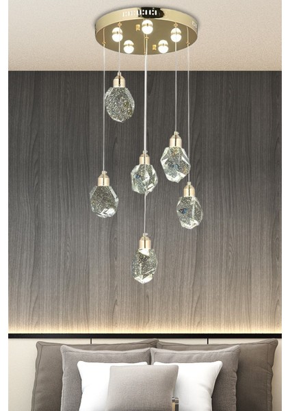 A Lu x ury Modern Kristalize Cam Sarkıt Altılı Power LED Avize Gold Sarı Gün Işığı Ledli Avize