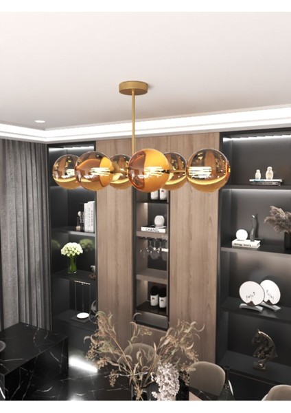 6'lü Glop Bal Rengi Cam Detaylı Modern Lüks Avize