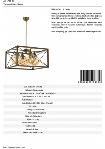 -AV-1732-4E Eskitme Kaplama Modern Avize, E27, Metal, Cam, 45 cm (Ampul Dahil Değildir) fiyatları