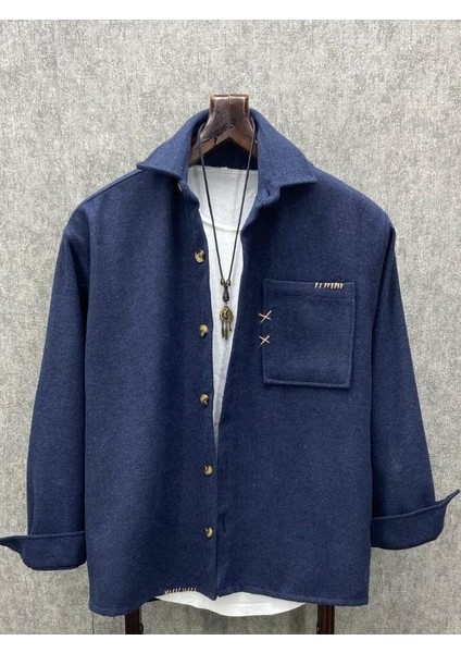 Oversize El İşi Detaylı Pamuk Kaşe İndigo Gömlek