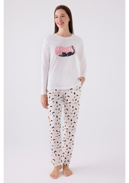 Kedi Baskılı Yuvarlak Yakalı Pamuk Pijama Takımı