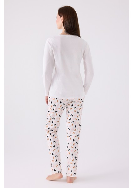 Kedi Baskılı Yuvarlak Yakalı Pamuk Pijama Takımı