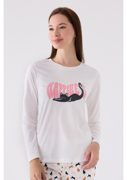 Kedi Baskılı Yuvarlak Yakalı Pamuk Pijama Takımı