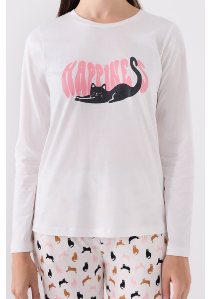 Kedi Baskılı Yuvarlak Yakalı Pamuk Pijama Takımı