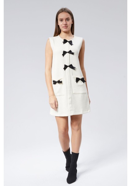 Sıfır Kol Fiyonk Detaylı Rosanne Triko Elbise S - Ekru fırsatları