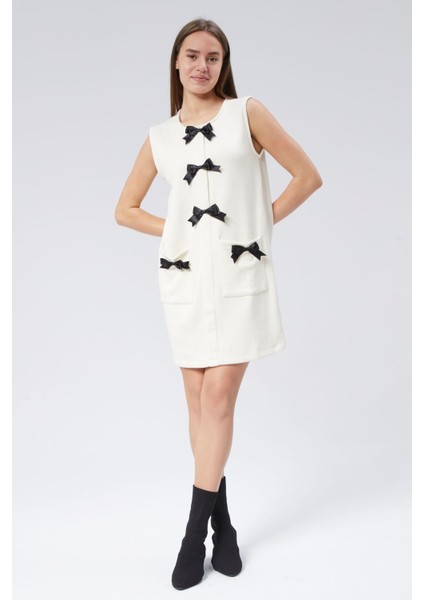 Sıfır Kol Fiyonk Detaylı Rosanne Triko Elbise S - Ekru indirimleri