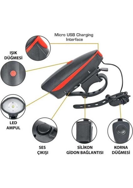 Bisiklet Ön Far Su Geçirmez USB Şarzlı Kornalı Mrm 7588