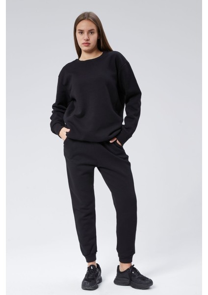 Bisiklet Yaka Üç Iplik Şardonlu Eşofman Takım L - Siyah