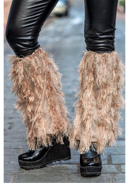 Bej Püsküllü Triko Tozluk