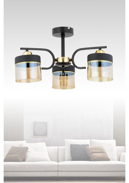 Fırat 3 Lü Modern Plf (Siyah Gold) Bal Camlı Salon Mutfak Yatak Odası Genç Odası Avize