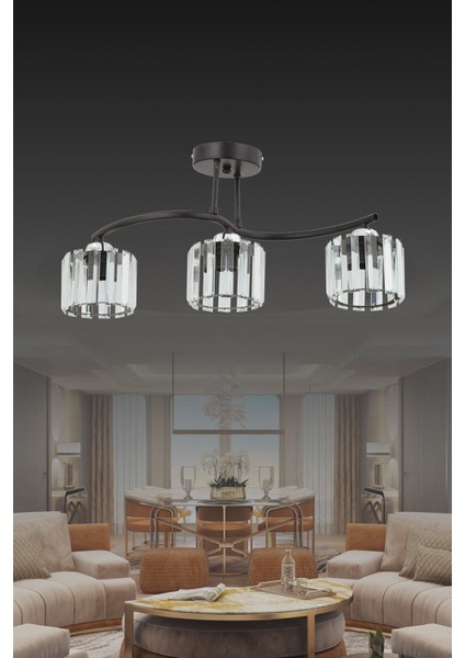 Ahu 3 Lü Modern (Siyah Krom) Kristal Taşlı Salon Yemek Masası Üstü Mutfak Genç Odası Avize
