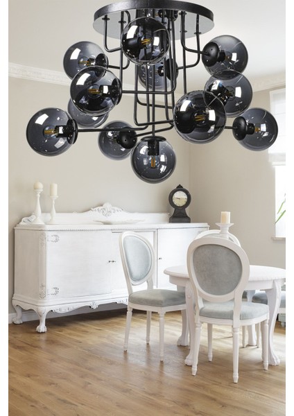 Hazeran 13.lü Siyah Füme Glop Camlı Avize