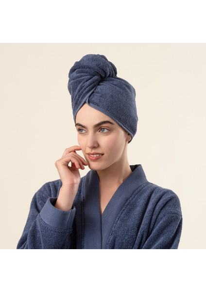 Solıd Bordürlü Pamuk %100 Pamuk Saç Havlusu Standart Beden Lacivert