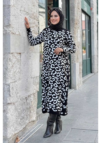 Leopar Desenli Triko Elbise 18193 Siyah-Ekru modelleri
