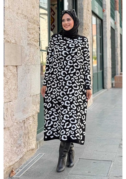 Leopar Desenli Triko Elbise 18193 Siyah-Ekru fırsatları