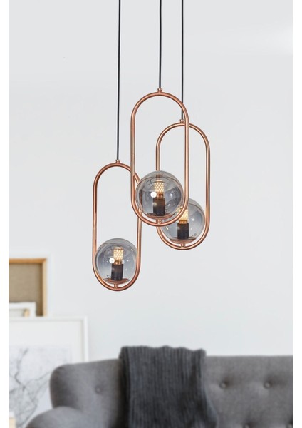 Zenga 3 Lü Bakır Metal Gövde Füme Camlı Tasarım Lü x Avize