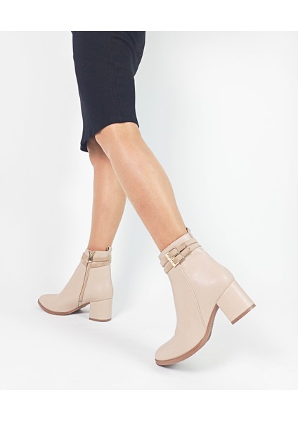 Bej Renk Fermuarlı Kalın Topuk Kadın Bot modelleri