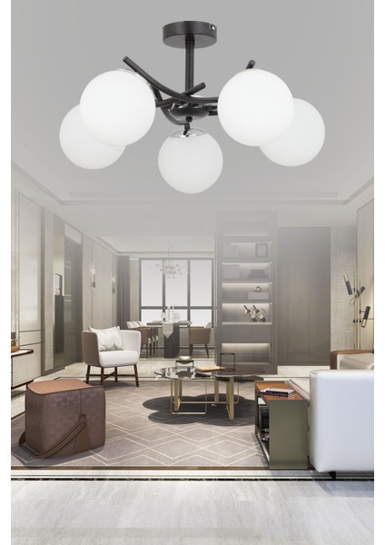 Ferma 5'li Beyaz Glop Camlı Modern Avize