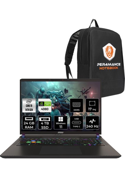 Msı Vector 17 Hx Intel Core I9 14900HX 24GB 4tb SSD RTX4080/12GB 175W 17" Qhd+ 240Hz W11H Taşınabilir Bilgisayar & Per4 Çanta A14VHG838XTRP355