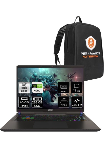 Msı Vector 17 Hx Intel Core I9 14900HX 40GB 256GB SSD RTX4080/12GB 175W 17" Qhd+ 240Hz Fdos Taşınabilir Bilgisayar & Per4 Çanta A14VHG838XTRP321