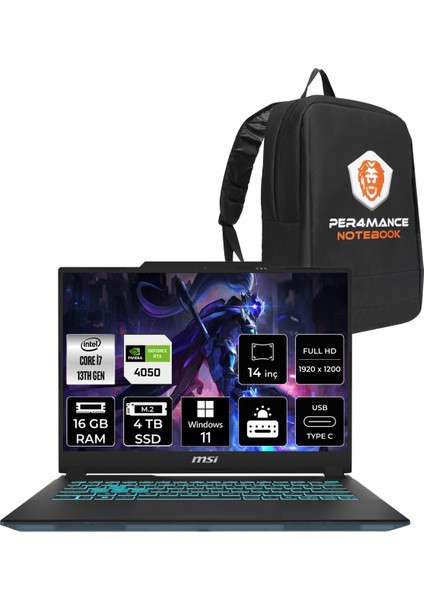 Msı Cyborg 14 Intel Core I7 13620H 16GB 4tb SSD RTX4050/6GB 14" Fhd+ 144Hz W11P Taşınabilir Bilgisayar & Per4 Çanta A13VE054XTRP390