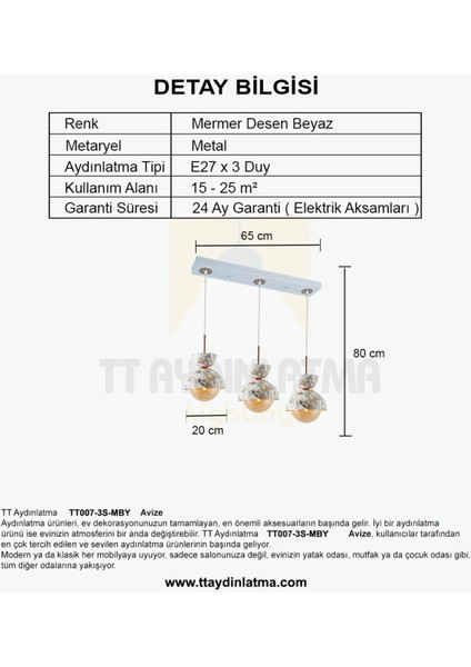 TT007-3S Mby Mermer Desen 3 Lü Sıralı Beyaz Lüks Avize modelleri