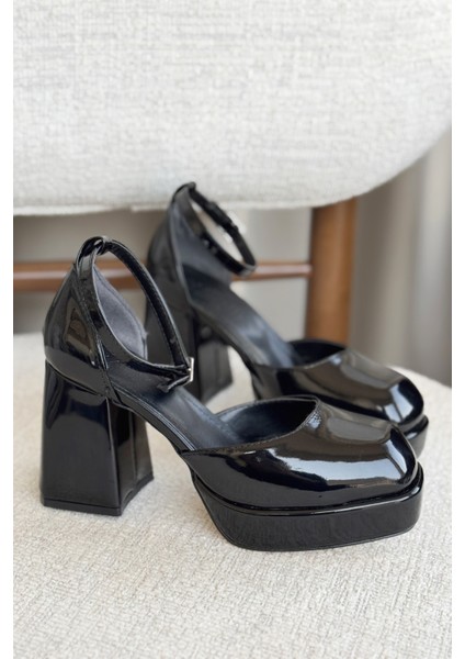 Kadın Gander Platformlu Topuklu Ayakkabı Siyah-Rugan