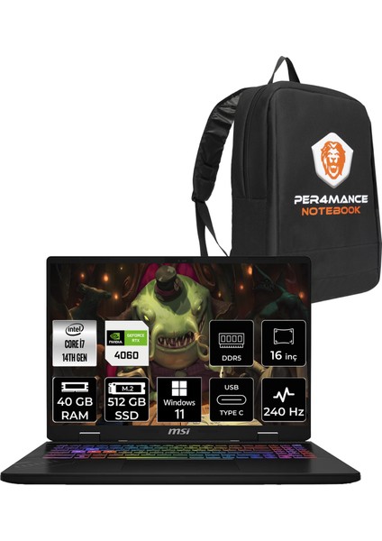 Msı Crosshair 16 Hx Intel Core I7 14700HX 40GB 512GB SSD RTX4060/8GB 140W 16" Qhd+ 240Hz W11H Taşınabilir Bilgisayar & Per4 Çanta D14VFKG245TRP322