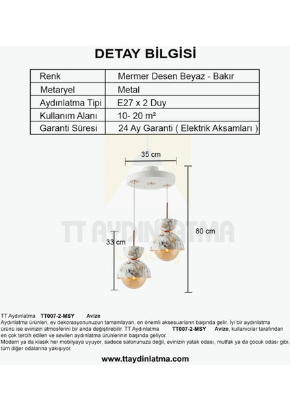 TT007-2 Mby Mermer Desen 2 Li Beyaz Lüks Avize