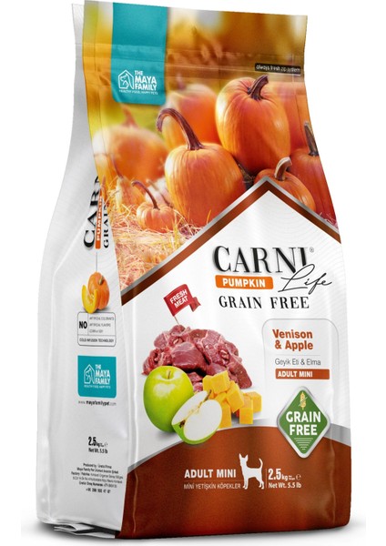 Carni Life Pumpkin Grain Free Geyik & Elma Adult Mini Tahılsız Yetişkin Köpek Maması 2.5kg