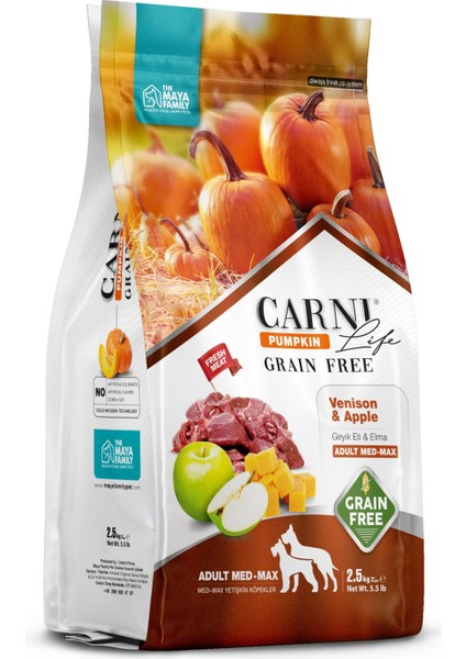 Carni Life Pumpkin Grain Free Geyik & Elma Adult Medium Maxi Tahılsız Yetişkin Köpek Maması 12KG