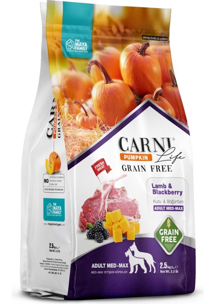 Carni Life Pumpkin Grain Free Kuzu & Böğürtlen Adult Med Max Tahılsız Yetişkin Köpek Maması 2.5kg