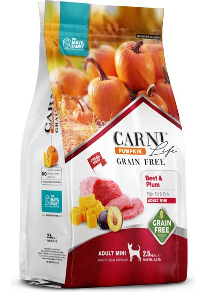 Carni Life Pumpkin Grain Free Sığır & Erik Adult Mini Adult Tahılsız Yetişkin Köpek Maması 2.5kg