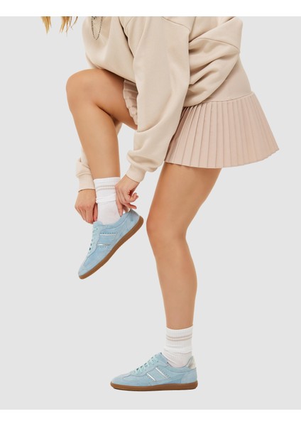 Deri Mavi Süet Bağcıklı Kadın Sneaker