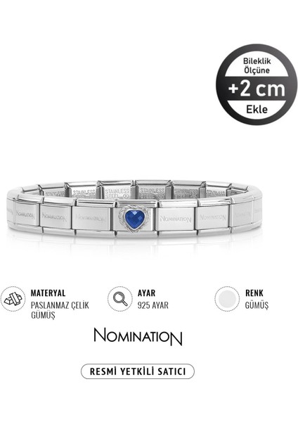 Italy Composable 925 Ayar Gümüş Zirkon Taşlı Lacivert Kalp ve Çelik Bileklik Silver