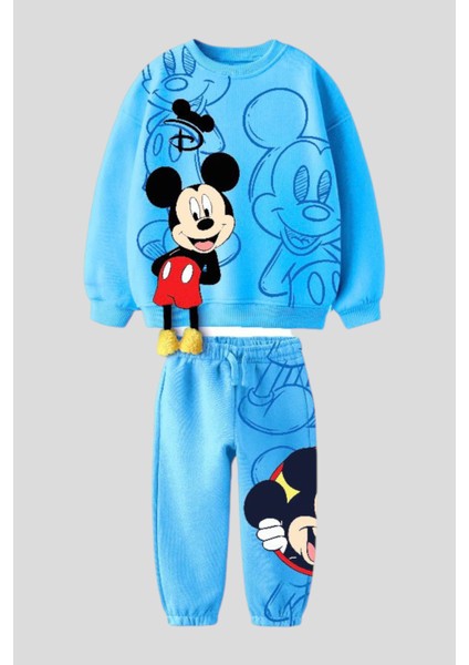 Erkek Çocuk Mavi Mickey Mouse Desenli Pamuklu Sweatshirt Eşofman Alt-Üst Takım