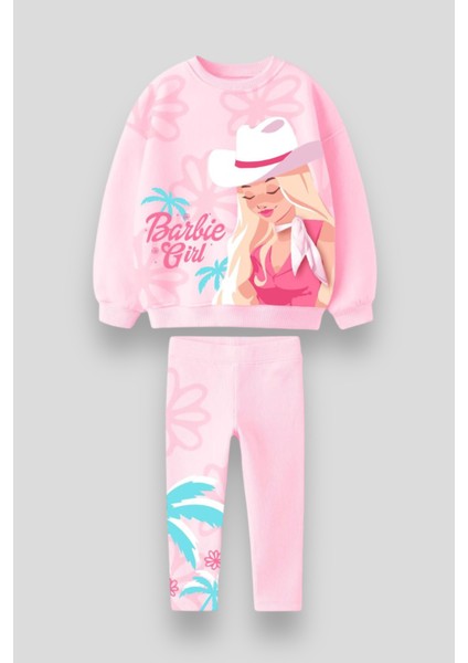 Kız Çocuk Kışlık Pembe Barbie Desenli Pamuklu Sweatshirt Tayt Alt-Üst Takım
